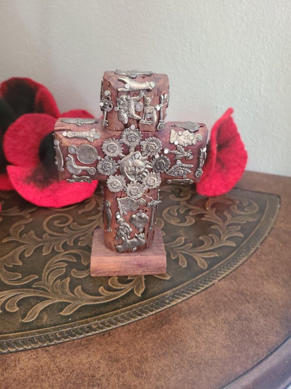 Vintage Mexican Folk Art Milagros Cross Free Standing Sun Moon Animals People